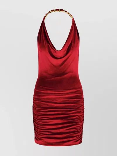 Balmain Red Chain-detail Velvet Mini Dress