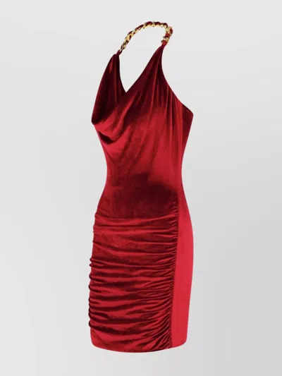 Balmain Red Chain-detail Velvet Mini Dress