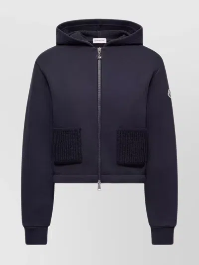 Moncler Cotton Hoodie With Knit Patch Pockets In Blue