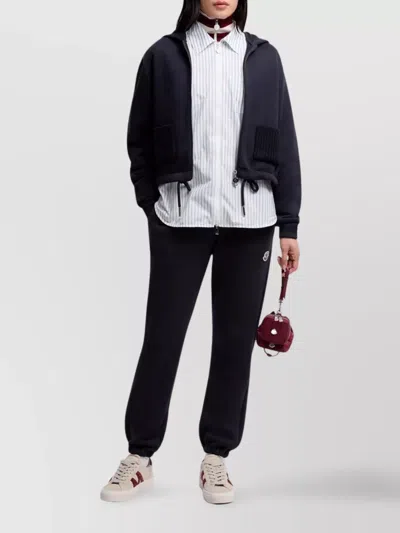 Moncler Cotton Hoodie With Knit Patch Pockets In Blue