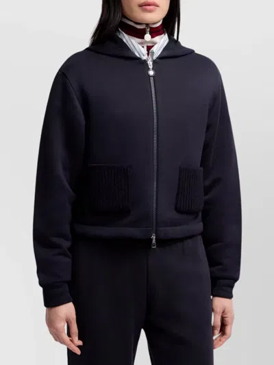 Moncler Cotton Hoodie With Knit Patch Pockets In Blue