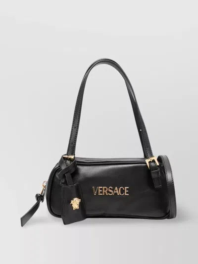 Versace Tag Bowling Black Shoulder Bag With Metallic Logo Lettering And Medusa Head Pendant In Leather Woman