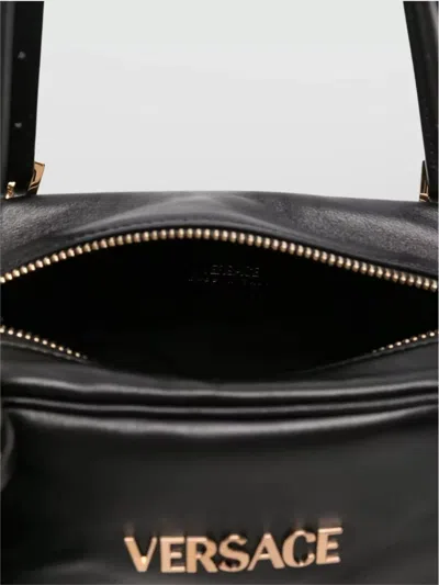 Versace Tag Bowling Black Shoulder Bag With Metallic Logo Lettering And Medusa Head Pendant In Leather Woman