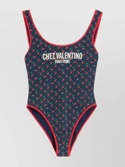 Valentino Cherryfic Print Lycra Swimsuit In Blue