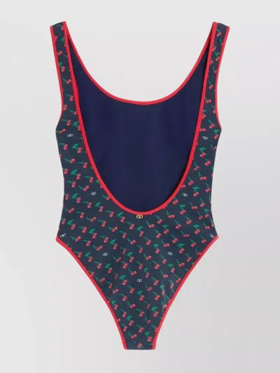 Valentino Cherryfic Print Lycra Swimsuit In Blue