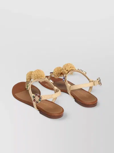 Dolce & Gabbana Embellished Raffia-effect Thong Sandals