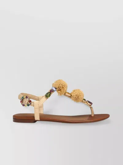 Dolce & Gabbana Embellished Raffia-effect Thong Sandals