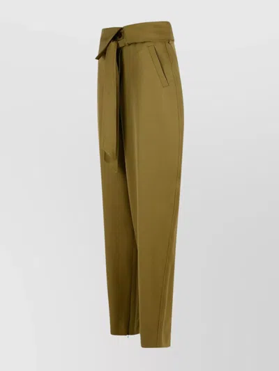Attico Wool Gabardine Trousers High Waist Tie Wide Leg In Green
