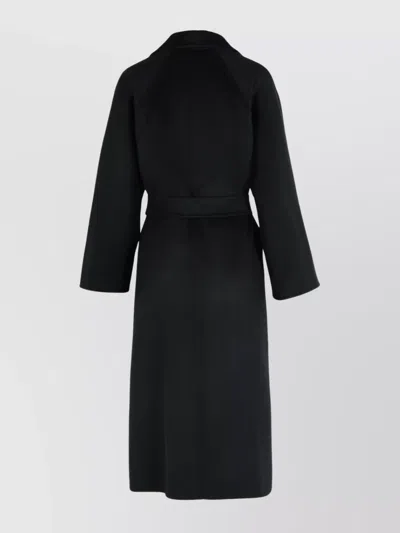 Max Mara Black Belted Long Coat With Notched Collar And Smooth Finish