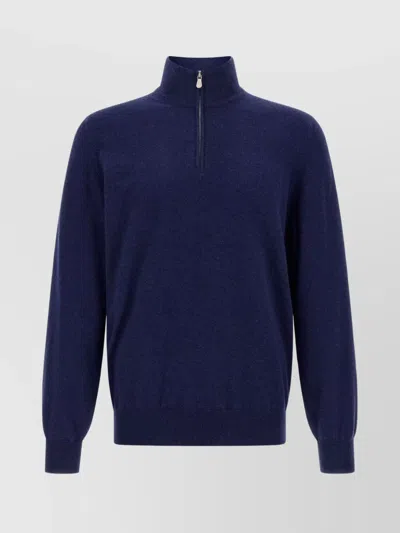 Brunello Cucinelli Half-zip High Collar Sweater In Blue