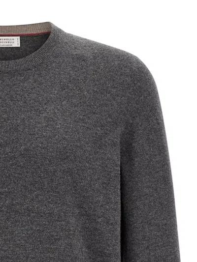 Brunello Cucinelli Cashmere Crew Neck Sweater With Ribbed Cuffs And Hem In Gray