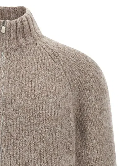 Brunello Cucinelli Alpaca Wool Cardigan With Ribbed Cuffs In Brown