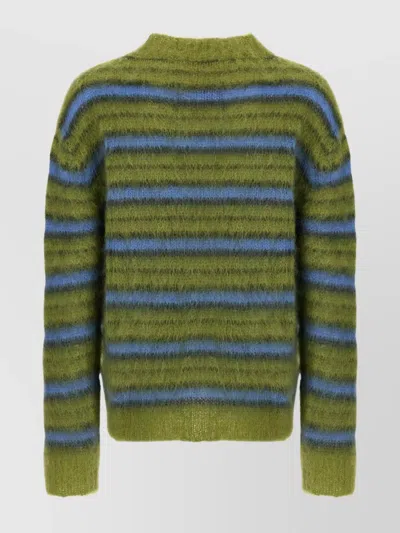 Marni Crew Neck Fuzzy Striped Sweater In Green