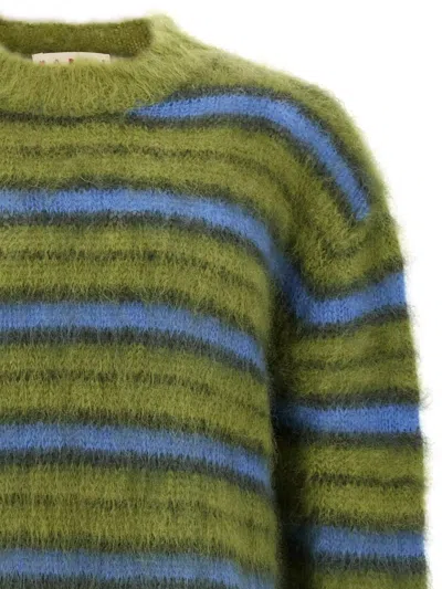 Marni Crew Neck Fuzzy Striped Sweater In Green