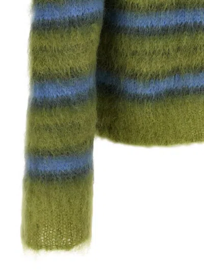Marni Crew Neck Fuzzy Striped Sweater In Green