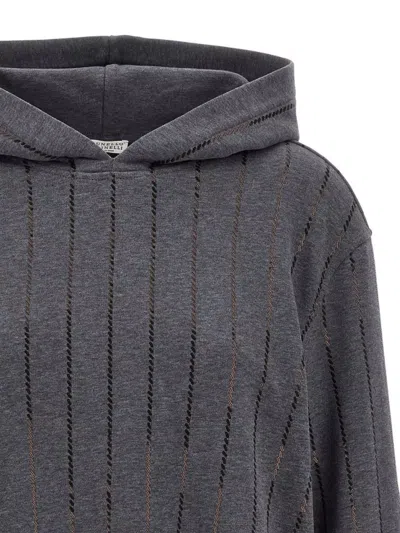 Brunello Cucinelli Cotton Sequin-stripe Hoodie In Gray