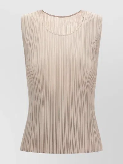 Issey Miyake Fresh Pleated Sleeveless Round Neck Top In Neutral