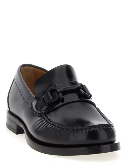 Ferragamo Black Reversible Gancini Ornament Loafers In Nero