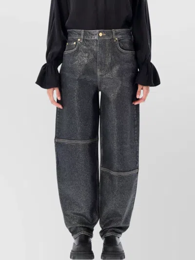Ganni Wide Leg Trousers Metallic Finish Pockets In Black