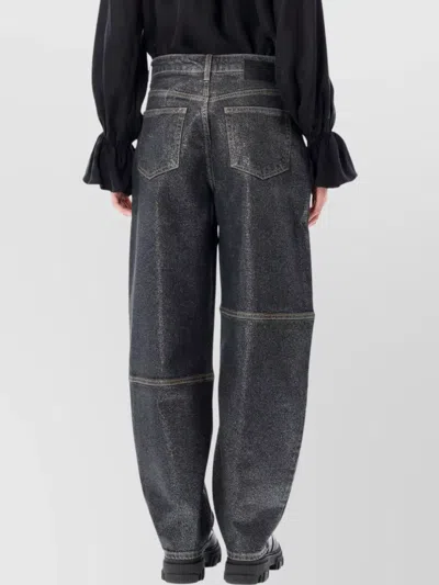 Ganni Wide Leg Trousers Metallic Finish Pockets In Black