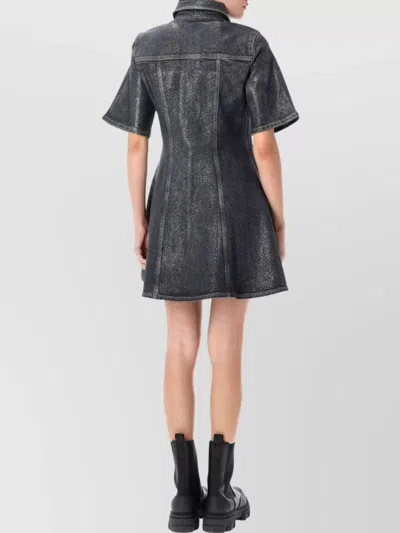 Ganni Shimmery Foil Denim Mini Dress In Black