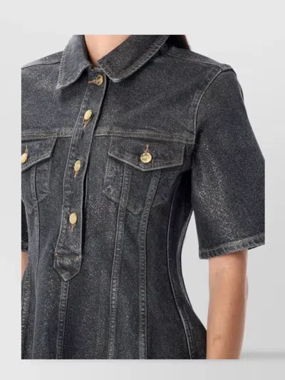 Ganni Shimmery Foil Denim Mini Dress In Black