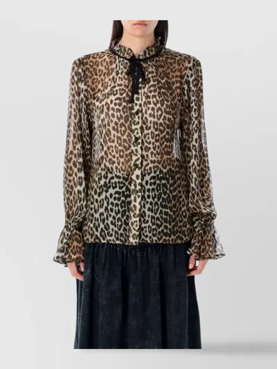Ganni Ruffled Collar Sheer Animal Print Shirt