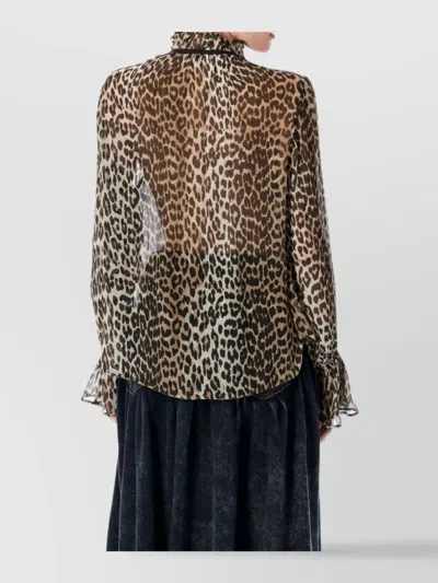 Ganni Ruffled Collar Sheer Animal Print Shirt
