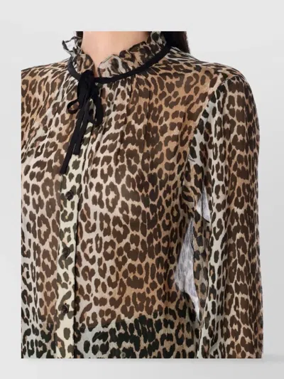 Ganni Ruffled Collar Sheer Animal Print Shirt