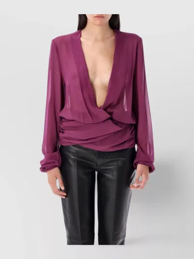 Attico Draped Front V-neck Ruched Blouse In Purple