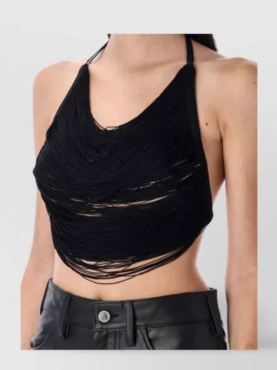 Attico Fringed Halterneck Crop Top In Black