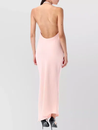 Attico Long Dress With Asymmetric Hem And Metal Detail In Pink