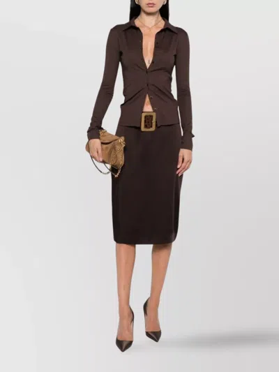Tom Ford Satin Pencil Midi Skirt With Back Slit In Brown
