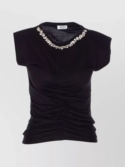 Liu •jo Crystal Embellished Cap Sleeve Ruched Top In Blue
