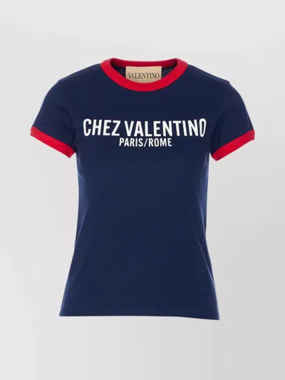 Valentino Crew Neck Cotton T-shirt With Contrast Trim In Blue