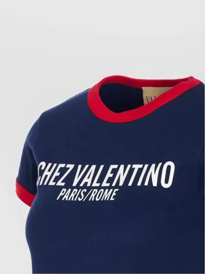 Valentino Crew Neck Cotton T-shirt With Contrast Trim In Blue