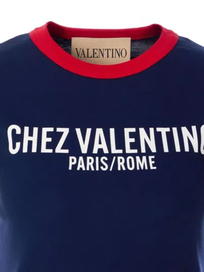 Valentino Crew Neck Cotton T-shirt With Contrast Trim In Blue