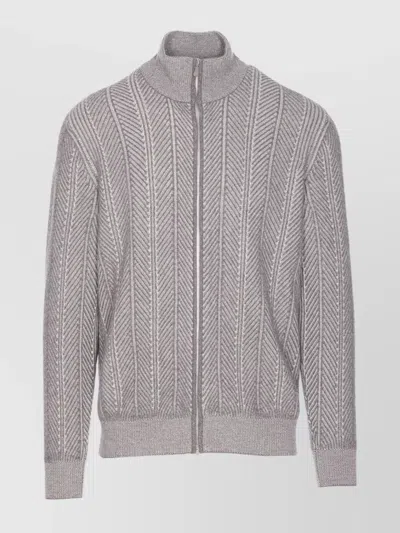 Brunello Cucinelli Chevron Knit High Neck Zipped Cardigan In Gray
