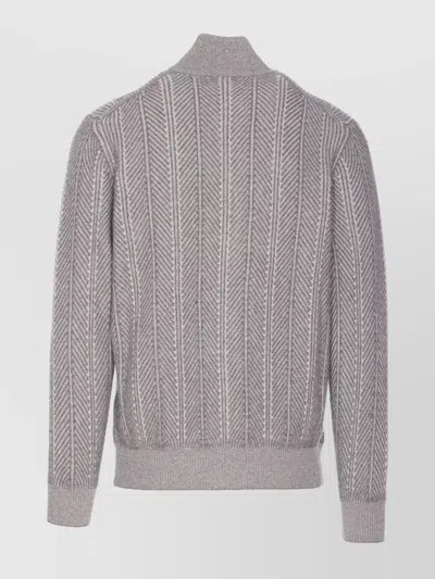 Brunello Cucinelli Chevron Knit High Neck Zipped Cardigan In Gray