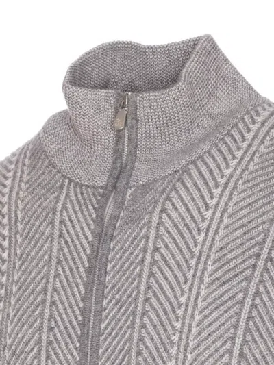 Brunello Cucinelli Chevron Knit High Neck Zipped Cardigan In Gray