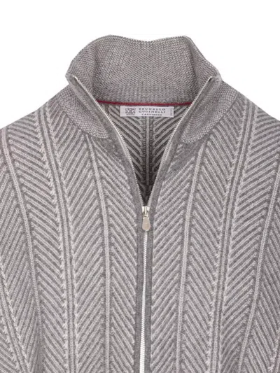 Brunello Cucinelli Chevron Knit High Neck Zipped Cardigan In Gray
