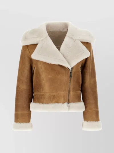 Blancha Shearling Collar Cropped Length Jacket In Green