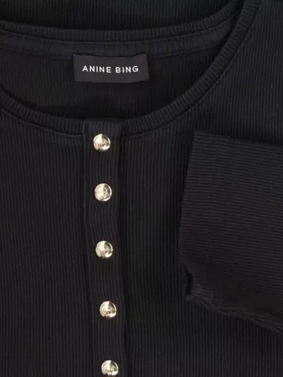 Anine Bing Ribbed Texture Round Neck Button Detailing Top In Black