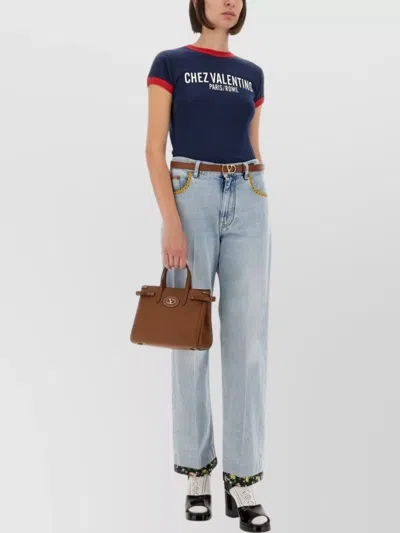 Valentino Crew Neck Cotton T-shirt With Contrast Trim In Blue