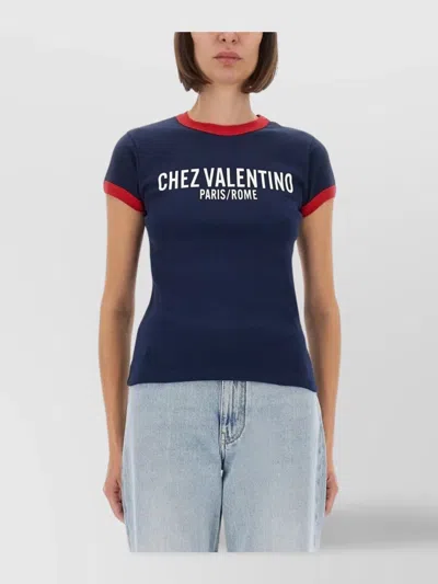 Valentino Crew Neck Cotton T-shirt With Contrast Trim In Blue