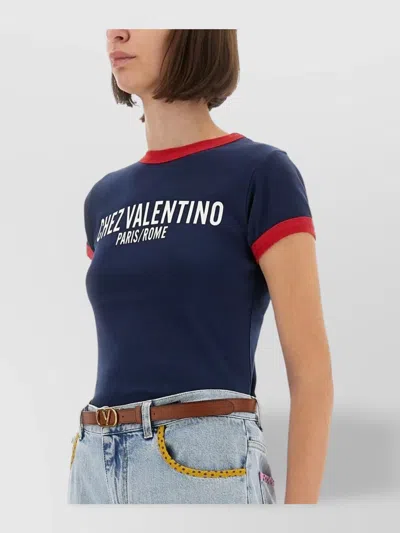 Valentino Crew Neck Cotton T-shirt With Contrast Trim In Blue