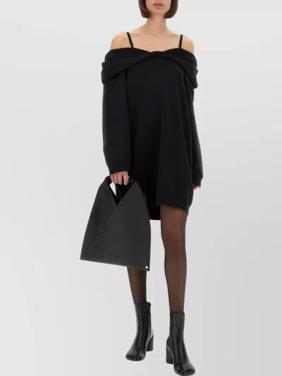Mm6 Maison Margiela Mm6 By Maison Margiela Off-shoulder Black Sweatshirt Dress With Cozy Hood In Blue