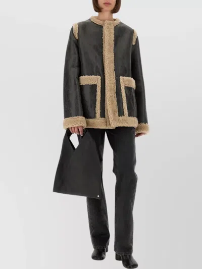 Mm6 Maison Margiela Mm6 By Maison Margiela Textured Black Shearling Jacket With Plush Trim In Black