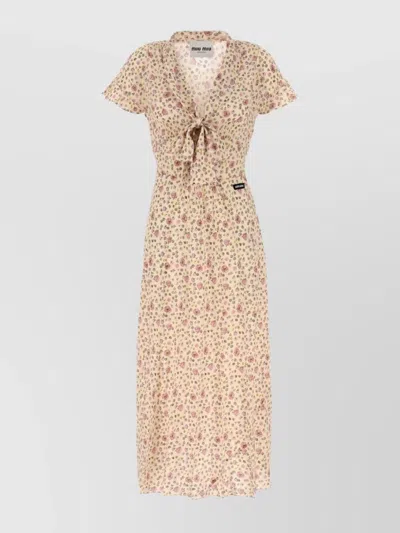 Miu Miu Silk Dress With Floral Pattern And Tie Waist In Neutral