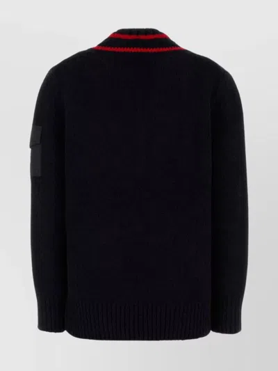Moncler Wool Blend Sweater With Stripe And Patch In Black
